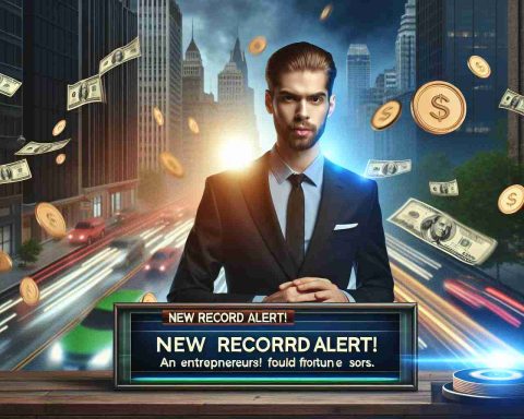 Realistic high-definition image of an announcement stating 'New Record Alert! An entrepreneur's fortune soars.'