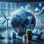 Create a high-definition, realistic image displaying the concept of renewable stocks benefiting silently from a global energy crisis. Include a chart showing the rise in value of renewable stocks as part of the picture. The setting should be a modern, digital stock exchange with numbers and financial data flowing on electronic screens. Also incorporate symbols of renewable energy sources like solar panels, wind turbines, and hydroelectric dams. The overall mood should convey an undercurrent of global crisis despite the success of these sustainable industries.