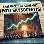 A realistic, high-definition illustration of headlines reading 'Pharmaceutical Company's IPO Skyrockets! Investors Rush In'. Picture this on the front page of a financial newspaper with a bar graph next to it, showing a dramatic upward trend representing the surging value of the IPO. The background contains an image of a stock exchange trading floor bustling with activity, where traders of various descents and genders are visibly thrilled by this development.