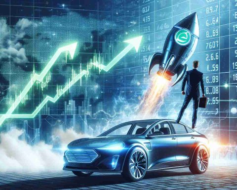 A business leader's risky venture proves successful! The fictional electric car company's shares soar to unprecedented levels, representing this through a detailed, high-definition illustration. The scene shows stock market charts in the background with an upward trajectory, overlaid with an image of a rocket blasting off. The figures and letters on the charts are glowing green, indicating positive growth. The rocket, with the logo of the car company, symbolizes the skyrocketing of the company's value.