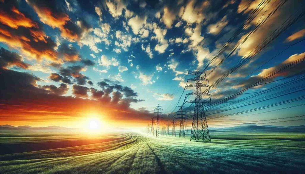 Generate a realistic high-definition image symbolizing the beginning of a long road to growth for a non-specific energy company. Picture a sunrise on the horizon, with power lines stretching across a vast, green landscape, representing new opportunities and progress.