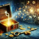 Generate a realistic, high-definition image representing the concept of 'Unlocking the Hidden Potential: A New Era in Data Monetization'. Visualize a key opening a symbolic treasure chest, with gold coins transforming into data streams, binary code, and analytical graphs. Have the background include digital interfaces and servers. The key represents innovative data mining technology, while the chest symbolizes unexplored data resources waiting to be harnessed for monetization.