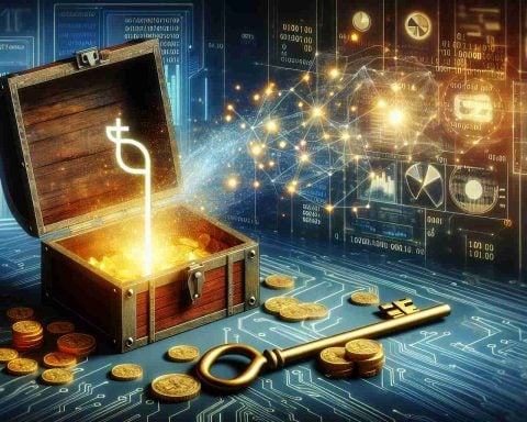 Generate a realistic, high-definition image representing the concept of 'Unlocking the Hidden Potential: A New Era in Data Monetization'. Visualize a key opening a symbolic treasure chest, with gold coins transforming into data streams, binary code, and analytical graphs. Have the background include digital interfaces and servers. The key represents innovative data mining technology, while the chest symbolizes unexplored data resources waiting to be harnessed for monetization.