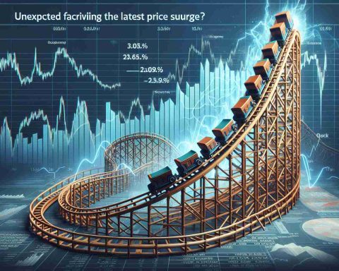 A high-definition, realistic visualization of the concept 'stock market shakeup' embodied by symbolic elements such as a wooden roller coaster dramatically rising and falling against a backdrop of financial charts and graphs. The roller coaster carriages are labelled as shares and their movement is intense, depicting the latest price surge. Above this scene, a headline in bold lettering reads 'Unexpected Factors Driving the Latest Price Surge?'