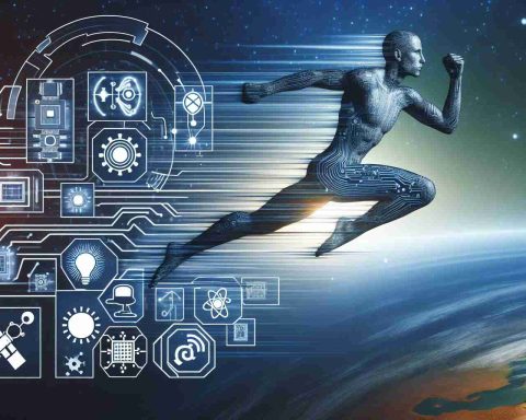 A high-definition, realistic depiction of a symbolic leap representing the advances of technology. The image could incorporate iconography associated with global tech evolution, such as circuit boards, silicon chips, satellites, global communication symbols, and innovative technologies.