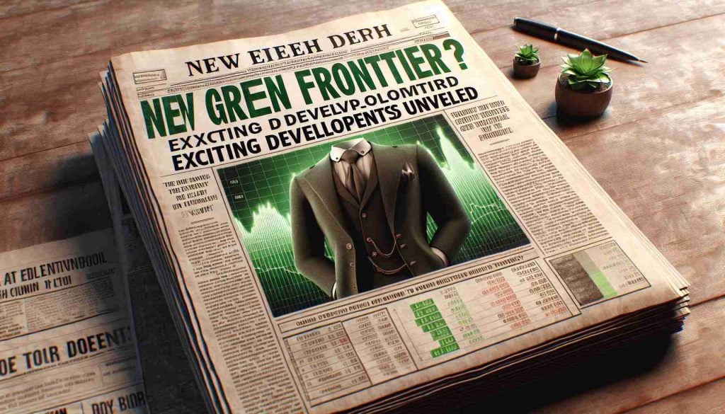 A realistic HD image of a fictional newspaper front page with the headline 'The New Green Frontier? Exciting Developments Unveiled'. The main news story of the page relates to breakthroughs in electric technology and renewable energy. The page includes a graph showing the stock price increase of a fictional green energy company, symbolizing the booming of the green technology sector.