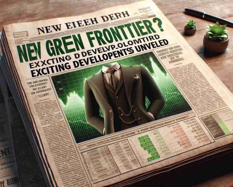 A realistic HD image of a fictional newspaper front page with the headline 'The New Green Frontier? Exciting Developments Unveiled'. The main news story of the page relates to breakthroughs in electric technology and renewable energy. The page includes a graph showing the stock price increase of a fictional green energy company, symbolizing the booming of the green technology sector.