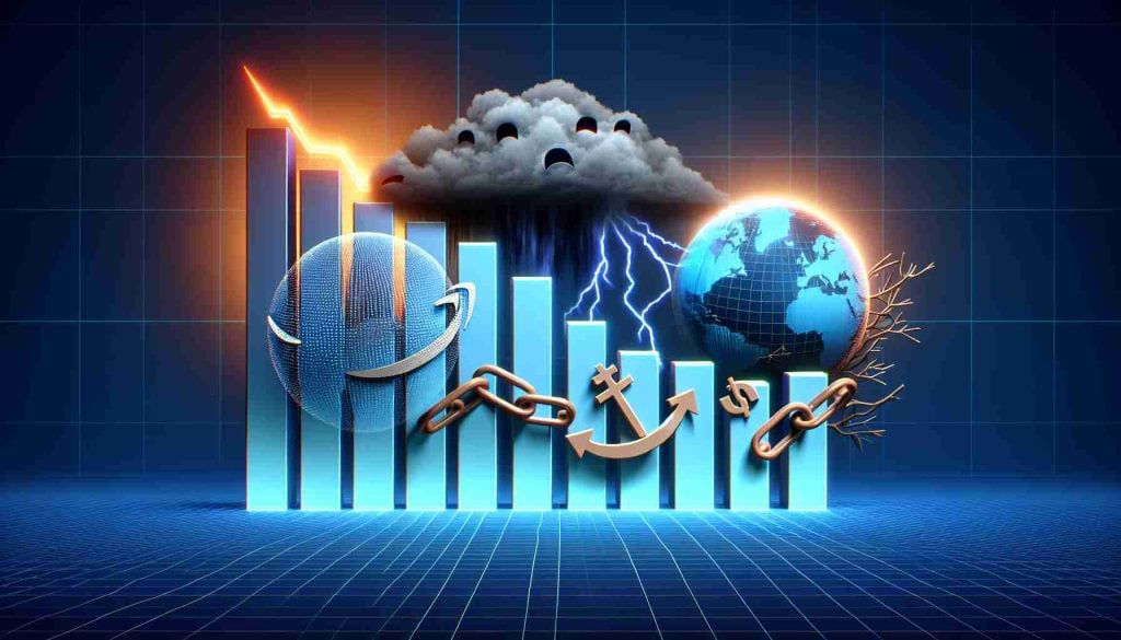 Visual representation of a graph depicting the drop in Amazon's stock, with shadowy physical embodiments of unseen factors such as a storm signifying market instability, a broken chain for supply chain issues, and a faded globe for global economic impacts. The image is of high quality and has a realistic look.