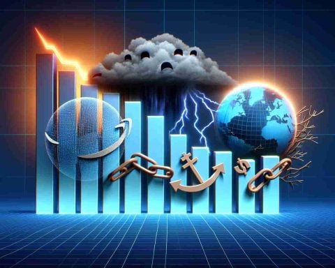 Visual representation of a graph depicting the drop in Amazon's stock, with shadowy physical embodiments of unseen factors such as a storm signifying market instability, a broken chain for supply chain issues, and a faded globe for global economic impacts. The image is of high quality and has a realistic look.