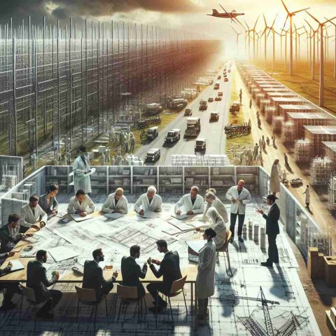 Generate an ultra-high-resolution image of a large-scale commitment to a sustainable future. The scene should depict a clandestine area which is on the brink of transformative development. This image may display blueprints for wind turbines, solar panels, and other renewable energy sources spread across the table, alongside scientists and engineers of different genders and from diverse descents such as Caucasian, Hispanic, and Middle-Eastern busy in conversations and planning. Infrastructure such as half-constructed sustainable buildings and fragments of renewable energy plants can be shown in the background.