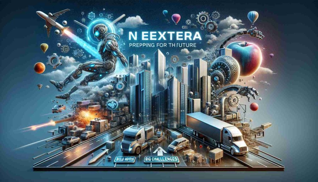 Realistic and high definition image of a conceptual illustration that portrays a company, NextEra, prepping for the future. The image should feature future technology symbols and potential obstacles. Imagine 'Bold Moves' as daring leaps towards technology advancement and 'Big Challenges' as significant hurdles or blockades. Create contrast and tension between the two concepts.