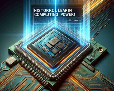 Generate a realistic high-definition image representative of a major milestone in quantum computing. This image can show a technologically advanced microchip, signifying a major breakthrough in the industry, and a headline or caption displaying 'Historic Leap in Computing Power!'