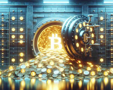 Create a realistic HD image of the symbolic representation of an impending financial shift! The image should capture the transformative impact of cryptocurrencies on traditional banking systems. Perhaps a visual metaphor of an old-fashioned bank vault being flooded with gleaming digital coins or digital currency systems breaking traditional bank walls!