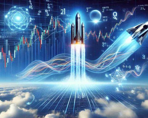 Realistic high definition image representing the concept of 'Stocks Skyrocketing' linked to a Quantum Computing boom. Assume a metaphorical representation where traditional stock market charts resistant to gravity, soaring up into a clear blue sky, complemented by striking imagery of quantum computers. Quantum features, such as binary digits, quantum bits (qubits), or optical cables, should be incorporated into the soaring stocks, indicating the progress in quantum computing.