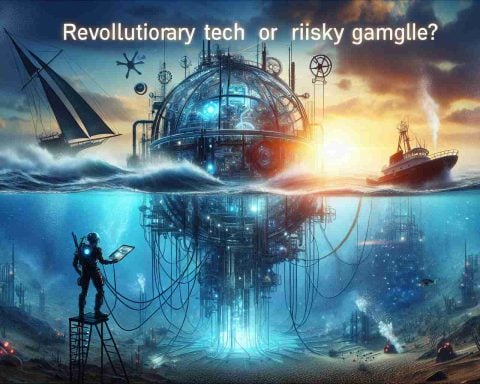 Produce a high-definition, realistic representation of the concept 'Revolutionary Tech or Risky Gamble?'. The image should depict a conceptual scenario that incorporates elements of groundbreaking technology with a sense of great risk involved. Alongside this, create a visual embodiment of the phrase 'Sea’s Secrets Unearthed'. Perhaps the revolutionary tech is a device designed for deep-sea exploration, probing the mysteries of the ocean and unearthing hidden secrets. The image should visually communicate the sense of uncertainty and adventure, but also an underlying air of danger associated with such an ambitious endeavor.