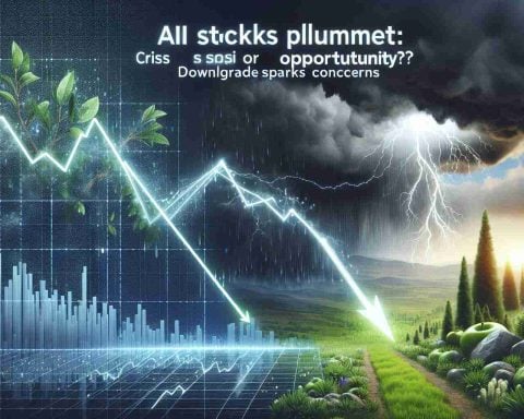 A High-definition, realistic illustration that represents the concept of 'AI Stocks Plummet: Crisis or Opportunity? Downgrade Sparks Concerns'. The visual can encompass a graph showing a downward trend, along with symbolisms of uncertainty but potential growth, such asa stormy weather scene clearing up to reveal a flourishing green landscape. Add suitable captions and headlines to convey the theme.