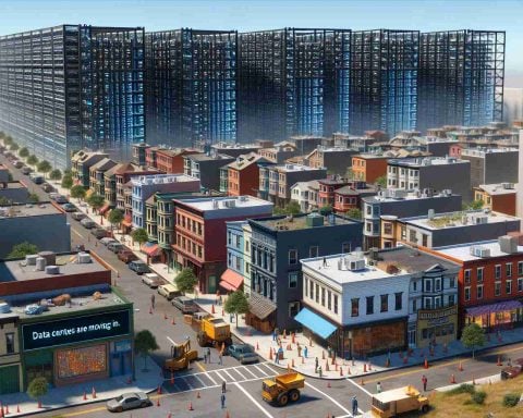 High-definition realistic imagery of an urban neighborhood, originally characterized by residential houses and local shops, undergoing transformation due to the introduction of data centers. The houses are being replaced with large buildings filled with servers and associated cooling systems. In the foreground, construction crews of varied descents and genders are building a new data center. A digital billboard nearby iterates the phrase 'Data Centers Are Moving In. Will They Change Your Neighborhood Forever?'