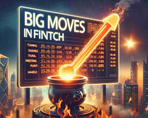 Generate a high-definition, realistic image illustrating the theme 'Big Moves in Fintech'. Show a metaphorical representation of an initial public offering (IPO) heating up the financial market of an unnamed South Asian country. This could be shown via a traditional stock market board lighting up with positive activity or a symbolic thermometer rising against a backdrop of skyscrapers. The company name 'Mobikwik' can be featured as text in the image to denote the company going public.