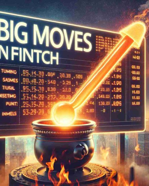 Generate a high-definition, realistic image illustrating the theme 'Big Moves in Fintech'. Show a metaphorical representation of an initial public offering (IPO) heating up the financial market of an unnamed South Asian country. This could be shown via a traditional stock market board lighting up with positive activity or a symbolic thermometer rising against a backdrop of skyscrapers. The company name 'Mobikwik' can be featured as text in the image to denote the company going public.