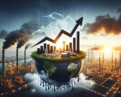 Create a realistic HD image representing the concept of 'Oil Stocks Skyrocketing' based on a surprising development. The image should showcase a rising graph or chart indicative of the sharp increase in the value of oil stocks, set against the backdrop of an oil refinery or an oil well gushing with oil, symbolizing the unexpected development.