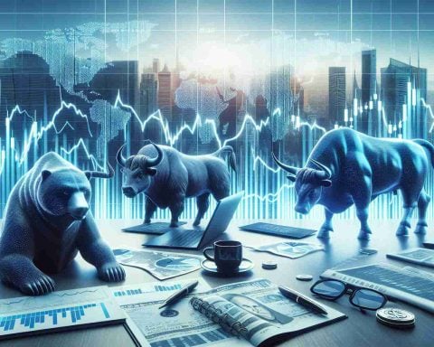 Create a hyper-realistic, high-definition image representing a significant fluctuation in the stock market. The picture should depict a line graph showing massive spikes and slumps, a Bull and a Bear depicting market trends and financial figures scrolling at the edge. It could also feature a background of a stock exchange building. Please note that no human or identifiable individual should be present in the scene.