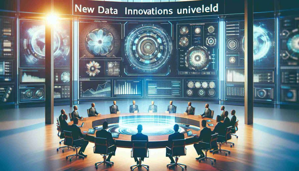 Generate a realistic HD image depicting the scene of new data innovations being unveiled. Show high-tech digital equipment, futuristic interfaces, and advanced computer systems in action. This could be taking place in a bright and modern conference room, hinting at the progress of digital technologies. Let's see some signs or banners that read 'New Data Innovations Unveiled' and 'What the Future Holds for Your Digital Needs' to underline the theme.