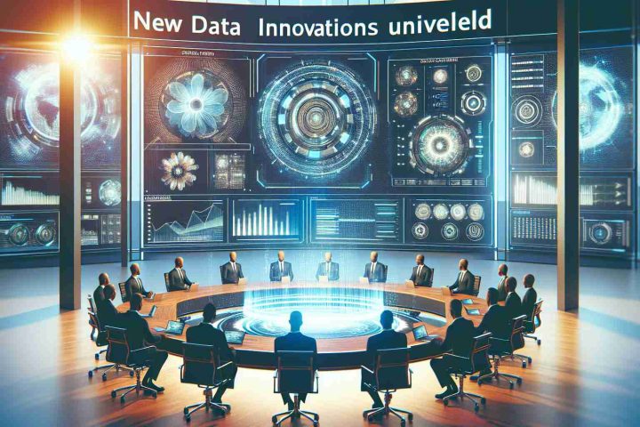 Generate a realistic HD image depicting the scene of new data innovations being unveiled. Show high-tech digital equipment, futuristic interfaces, and advanced computer systems in action. This could be taking place in a bright and modern conference room, hinting at the progress of digital technologies. Let's see some signs or banners that read 'New Data Innovations Unveiled' and 'What the Future Holds for Your Digital Needs' to underline the theme.