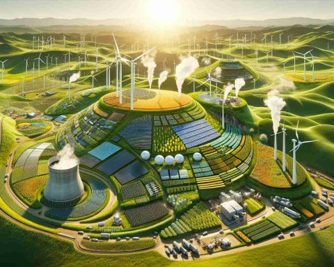 A high-definition image demonstrating Turkey's plan for a green-energy revolution. Show a vibrant, green landscape filled with a mix of renewable energy sources. Include an array of solar panels arranged neatly on a sunlit rolling hill. Depict a series of wind turbines turning rhythmically in a continuous breeze on an open terrain. Show geothermal steam rising from vents in a rocky landscape. Also, pictorially represent bioenergy by showing a biodigester processing waste material and a vibrant swathe of energy crops in the fields. Remember, the scene needs to feel massive to showcase the scale of Turkey's planned energy revolution.