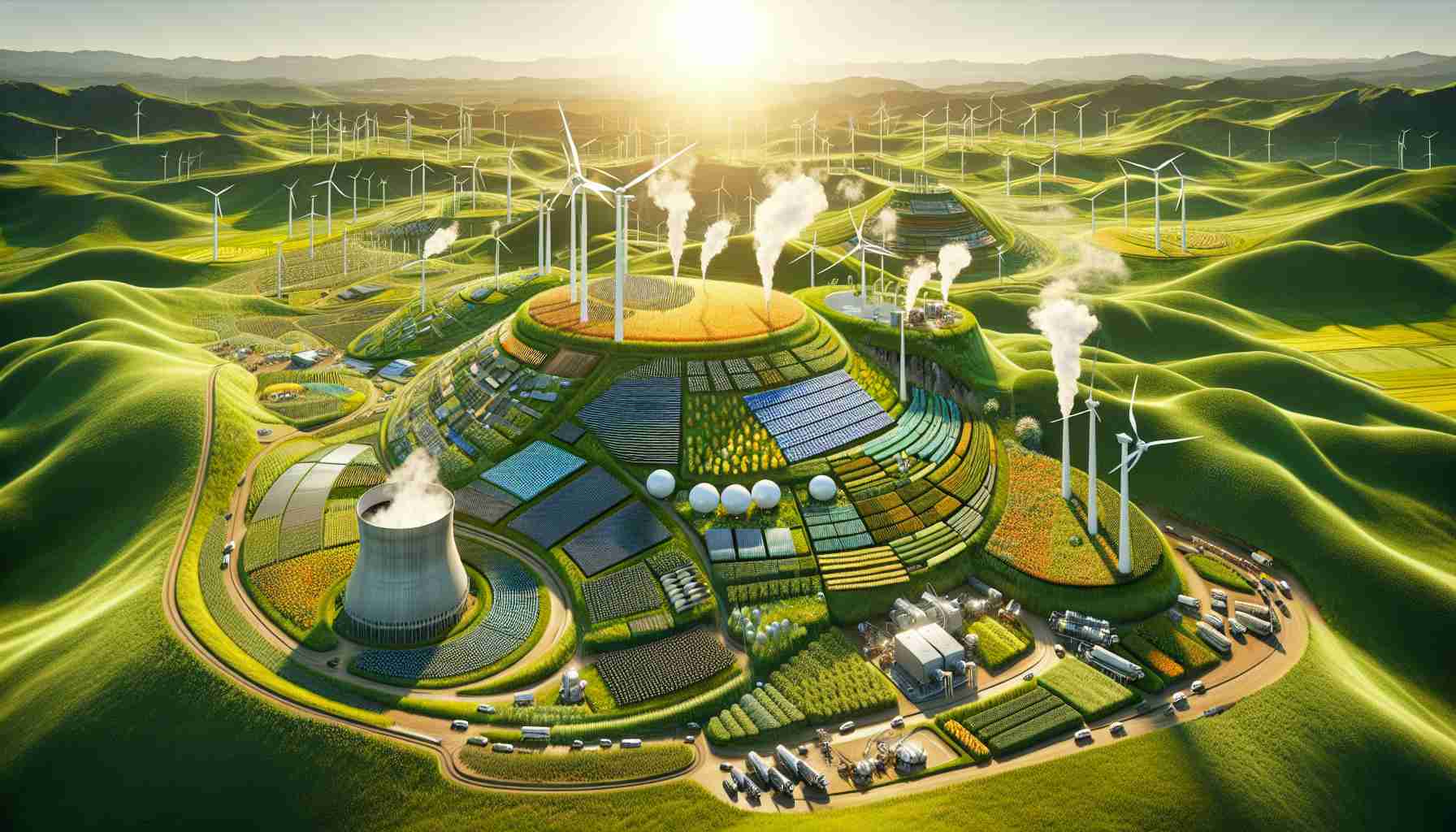 A high-definition image demonstrating Turkey's plan for a green-energy revolution. Show a vibrant, green landscape filled with a mix of renewable energy sources. Include an array of solar panels arranged neatly on a sunlit rolling hill. Depict a series of wind turbines turning rhythmically in a continuous breeze on an open terrain. Show geothermal steam rising from vents in a rocky landscape. Also, pictorially represent bioenergy by showing a biodigester processing waste material and a vibrant swathe of energy crops in the fields. Remember, the scene needs to feel massive to showcase the scale of Turkey's planned energy revolution.