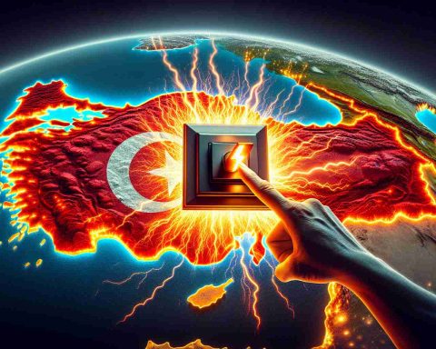 Realistic high-definition photo of a radical transformation in the energy sector. Depict a country's audacious decision, represented by a giant symbolic switch being turned on, causing a vivid shockwave emanating from it, illuminating a map of Turkey in the background. Do not show people or animals in the scene.