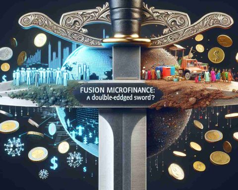 A detailed and realistic HD image that symbolizes the concept of 'Fusion Microfinance: A Double-Edged Sword?'. The image should include a visual representation of a double-edged sword with symbols of finance like currency, coins, and banknotes reflecting on the edges. Also represent unseen impacts, perhaps through showing a vibrant community on one side, and an impoverished one on the other, indicating the potential benefits and drawbacks of microfinance.