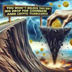 Realistic, high definition visual interpretation of the phrase 'You Won’t Believe This Dip! Big Drop for Coinbase Amid Crypto Turbulence.' The image can include symbolic elements to portray the significant downturn for Coinbase, perhaps represented by a large, steep mountain slope indicative of a fall. The backdrop could be a chaotic storm, symbolizing turbulence. Underneath the scene, the text 'You Won't Believe This Dip! Big Drop for Coinbase Amid Crypto Turbulence' can be included.
