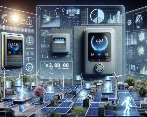 A high-resolution, realistic image showcasing the revolution of smart energy meters. The scene includes an array of advanced, futuristic smart meters. The meters have screens displaying real-time energy consumption data. Also visible are elements that represent the transformative aspects of this technology, such as novel interfaces, seamless integration with smart homes, and the empowering ability to manage energy consumption efficiently. The background hints at renewable energy sources such as solar panels, wind turbines, further signifying the ongoing revolution in energy management.