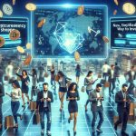 An HD realistic image showcasing a scenario of a cryptocurrency shopping spree. This could include digital world themed elements with binary numbers floating in the air, and people enthusiastically shopping with their smartphones displaying cryptocurrency symbols. Screens around might displaying headlines like 'New, Simplified Way to Invest'. The scene could be set in a futuristic city with advanced technology all around. Both men and women of various descents including Caucasian, Hispanic, Black, and Asian can be seen actively participating in this new era of shopping.