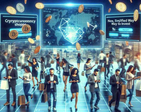 An HD realistic image showcasing a scenario of a cryptocurrency shopping spree. This could include digital world themed elements with binary numbers floating in the air, and people enthusiastically shopping with their smartphones displaying cryptocurrency symbols. Screens around might displaying headlines like 'New, Simplified Way to Invest'. The scene could be set in a futuristic city with advanced technology all around. Both men and women of various descents including Caucasian, Hispanic, Black, and Asian can be seen actively participating in this new era of shopping.