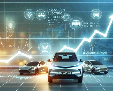 Create a realistic HD image depicting the concept of investing wisely in Electric Vehicles (EV). The scene could include a depiction of a line graph showing upward trend with EV icons instead of dot points. The backdrop may display different types of electric cars, suggesting a range of stocks to consider now. Also include text elements that say 'Invest in Electric Vehicles Wisely' and 'Discover the Top EV Stocks to Consider Now'.