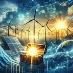 Generate a high-definition, realistic photo depicting the concept of renewable energy stocks on the rise. Illustrate this with graphical representations such as solar panels under a shining sun, wind turbines amidst a gusty breeze, and ripple effects on a backdrop of stock market charts. For further emphasis, include elements that symbolize hidden power like a glowing orb within a treasure chest.