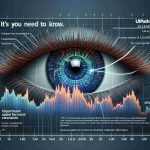 High definition realistic illustration of a large eye capturing an image of the stock market chart with the UiPath Company logo prominently displayed. Additionally, include a summary of important current financial information as text overlays in upper and lower parts of the image. Ensure the chart reflects volatility and dynamic financial data to emphasize that it's what you need to know now.
