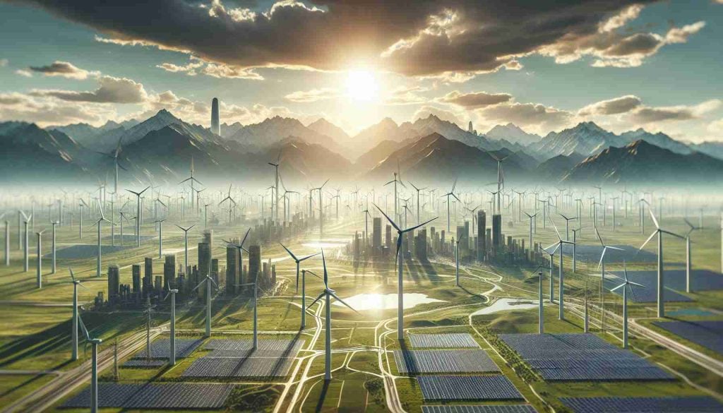 An incredibly detailed and highly realistic image portraying a massive green energy revolution in process. Visualize wind turbines whirling in full swing, solar panels beaming in the sun across vast landscapes, and advanced, sustainable infrastructure dramatically altering the skyline. This is set in a country with a hint of Central Asian topography to represent Kazakhstan, which is taking a brave, billion-dollar bet on renewable energy.