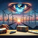 A high definition and realistic image of a metaphorical representation of a Japanese energy company preparing for a substantial IPO. The scene will depict grand energy sources like solar panels and wind turbines towering in the background, with a futuristic city skyline aglow during twilight, indicating economic growth and prosperity. A pair of large, symbolic eyes gazes determinedly at a stack of bills, representing billions of yen, cleverly arranged to resemble the horizon.