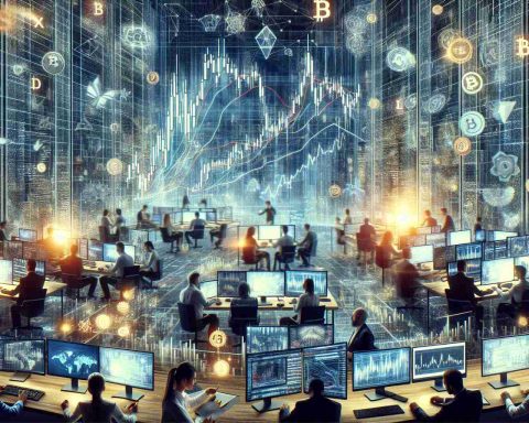 Visualize a bright future for a hypothetical, high-tech cryptocurrency exchange platform amidst chaos in the financial markets. Imagine a carefully-orchestrated network of computers, illuminated screens displaying complex graphs and data, along with the digital symbols for various cryptocurrencies. The foreground could feature a diverse group of technology professionals, of different genders and descents such as Middle-Eastern, Caucasian and East Asian, working and collaborating earnestly. The overall vibe should be confident, positive, and hopeful despite the stormy market backdrop. Please create a highly detailed and realistic HD image.