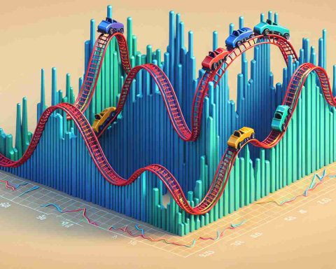 Depict a roller coaster with a track that's designed to resemble the fluctuations of a generic financial stock graph in a realistic high-definition style. To amplify the concept, make it so the roller coaster cars are shaped and colored to represent the vibrant and dynamic nature of the stock market.