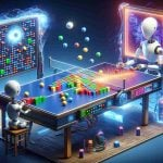 Create a detailed, realistic HD image of a Quantum AI system engaged in game play. Show the AI system playing two vintage video games: Pong, portrayed with the characteristic white paddle and bouncing ball, and Breakout, known by its colorful blocks and bouncing ball. The AI should be convincingly crushing both games, demonstrating advanced strategies and unprecedented speed, with visual cues representing its quantum computer nature, like futuristic machinery, wires, glowing lights or holographic screens.