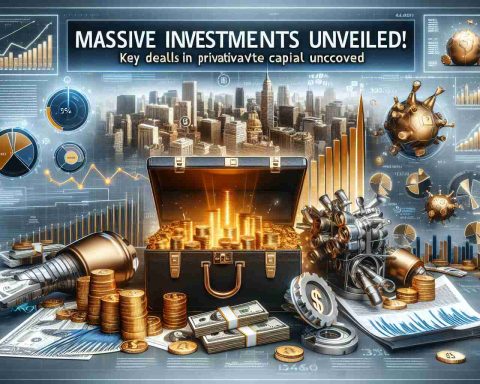 A realistically detailed image in high-definition that represents the theme 'Massive Investments Unveiled! Key Deals in Private Capital Uncovered'. It features elements like financial charts and graphs, stacks of gold coins, briefcases full of cash, and a city skyline symbolizing economic growth. The picture may also contain symbols of key industries where private capital is invested in, like technology, healthcare, and energy among others. The text 'Massive Investments Unveiled! Key Deals in Private Capital Uncovered' is prominently displayed in the center.