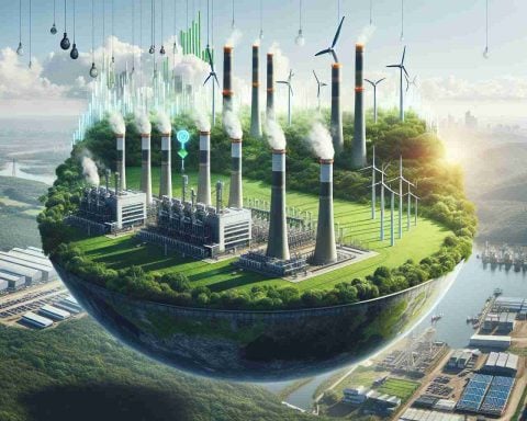 Realistic, high-definition image photography of a scene visualizing a surge in renewable energy. The image might show a large power station amidst a verdant landscape or a city skyline with clean energy sources such as wind turbines and solar panels being prominent. Add a conceptual element to represent a financial value, possibly a stock market graphic or a balance scale suggesting the theme of under-valuation.