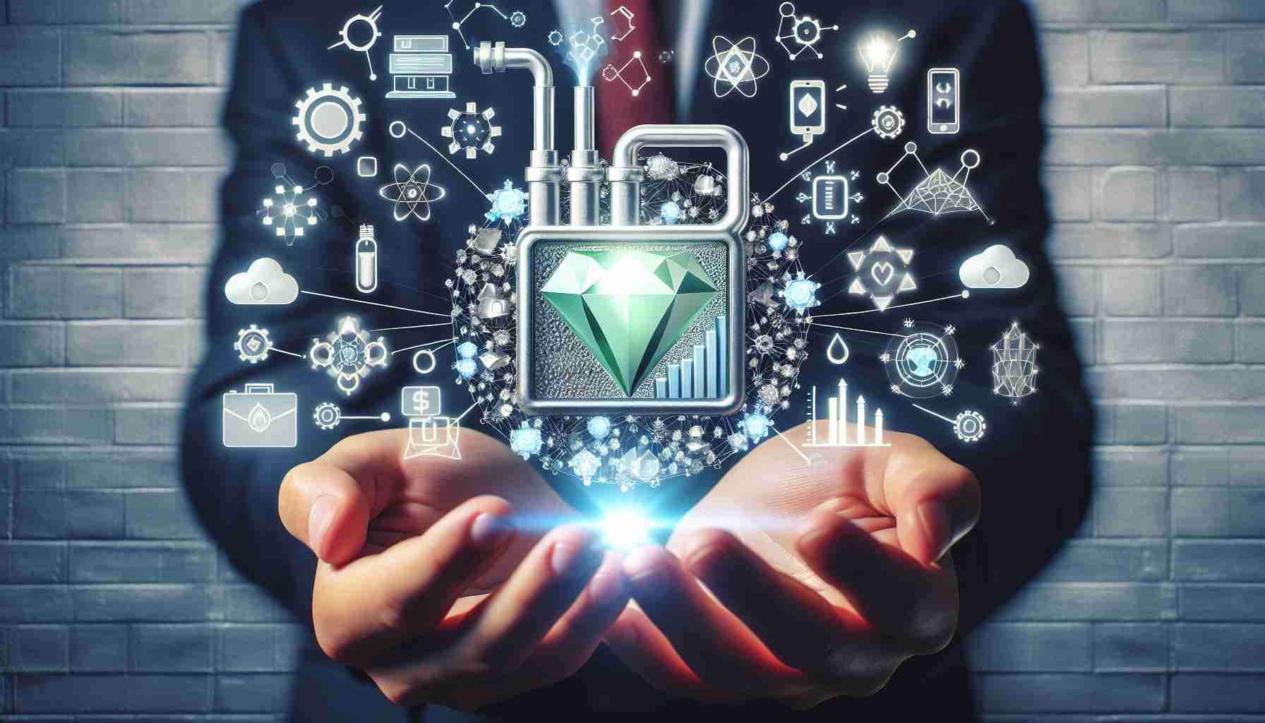 Generate a high-definition photo representing the concept of fuel cell energy as the power source of the future. Incorporate symbolic elements such as sustainable technologies, clean energy icons, and investment symbols like a diamond to portray the idea of it being an undiscovered investment gem.