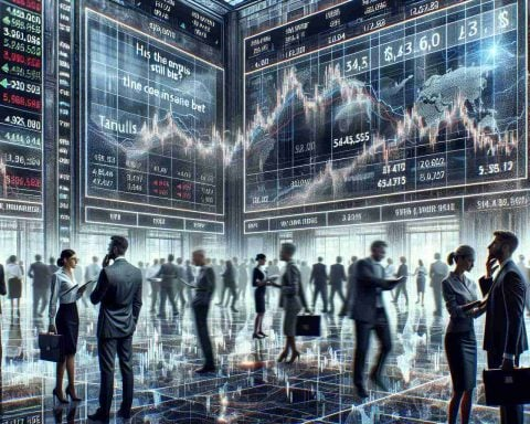 A highly detailed and realistic image displaying a chaotic stock market scene. There are digital boards reflecting tumbling stock prices, people in business attire appearing anxious and busy. On the right corner of the image, there's a chatter among a group of investors discussing a corporate entity, perhaps questioning its stability. The question 'Is the enterprise still a safe bet?' floats in the air, adding to the tense atmosphere.