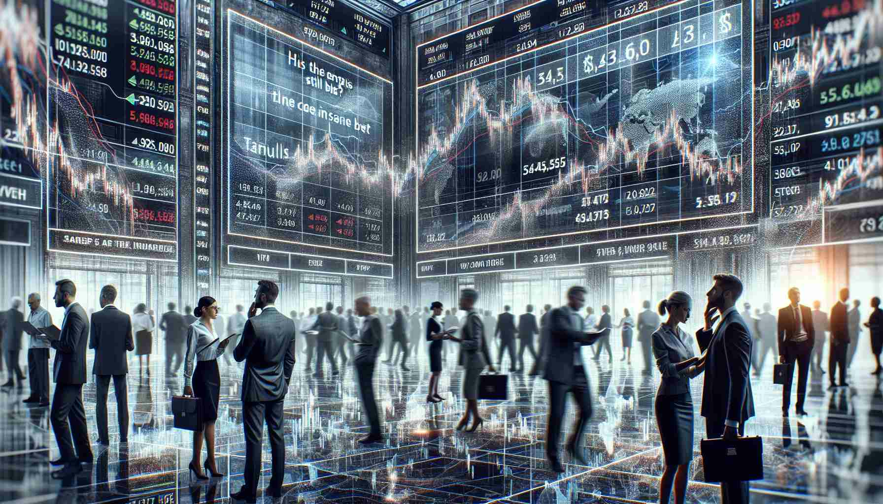 A highly detailed and realistic image displaying a chaotic stock market scene. There are digital boards reflecting tumbling stock prices, people in business attire appearing anxious and busy. On the right corner of the image, there's a chatter among a group of investors discussing a corporate entity, perhaps questioning its stability. The question 'Is the enterprise still a safe bet?' floats in the air, adding to the tense atmosphere.