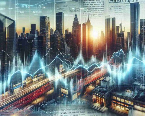 A high definition, realistic image representing the subtle movements of the stock market. It can include elements like a fluctuating line graph showing stock prices, a blurry cityscape with skyscrapers at the background symbolizing the busy marketplace, and an unlabeled newspaper with headlines about mystery of the market insinuations.