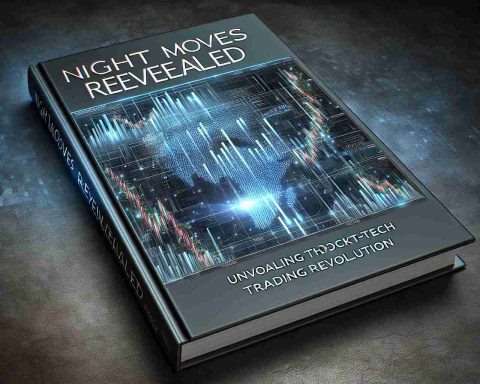 A highly detailed and realistic image of a book cover titled 'Night Moves Revealed: Unveiling the High-Tech Trading Revolution'. The cover features a modern, digital looking theme, possibly with representation of stock market graphs and futuristic tech elements.